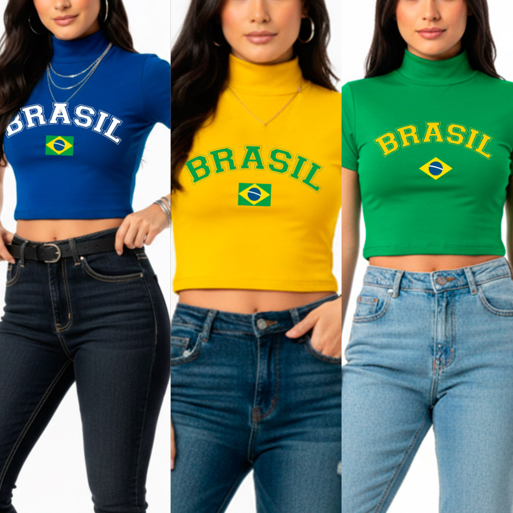 Cropped Blusinha, Gola Alta, Escrita BRASIL - Copa do Mundo Time Futebol Moda Feminina Estilosa Blogueira 2026 Modelo 02
