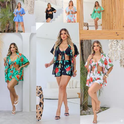 Saída De Praia Conjunto 3 Peças Kimono + Short + Top Conjunto Feminino Praia Verão