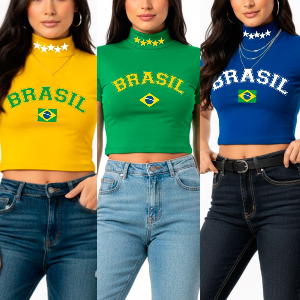 Cropped Blusinha, Gola Alta, Escrita BRASIL - Copa do Mundo Time Futebol Moda Feminina Estilosa Blogueira 2026 Modelo 03