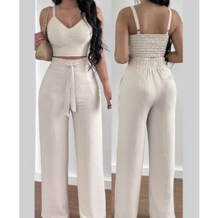 Conjunto Feminino Duna Areia Calça Pantalona e Cropped com Bojo Alça Regulável Alfaiataria — imagem 1