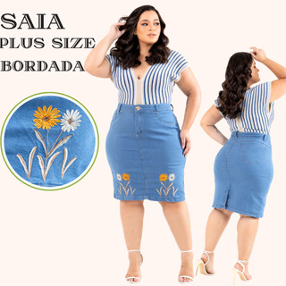 Saia Plus Size Evangelica do 46 ao 54 Jeans Com Laycra e Bordado Na Cor Cristal