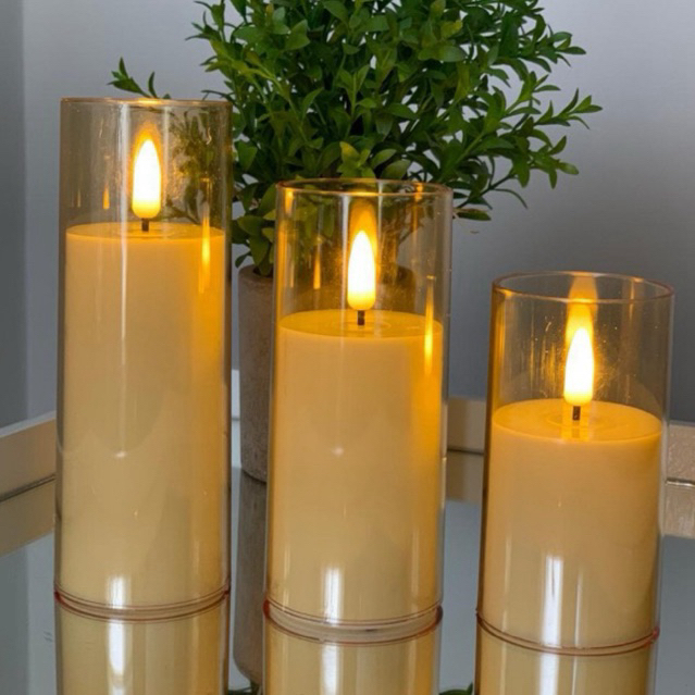 Trio Velas com Âmbar Castiçal Led 10 cm 13 cm 15 cm a Bateria Importado Plástico em Oferta na Shopee