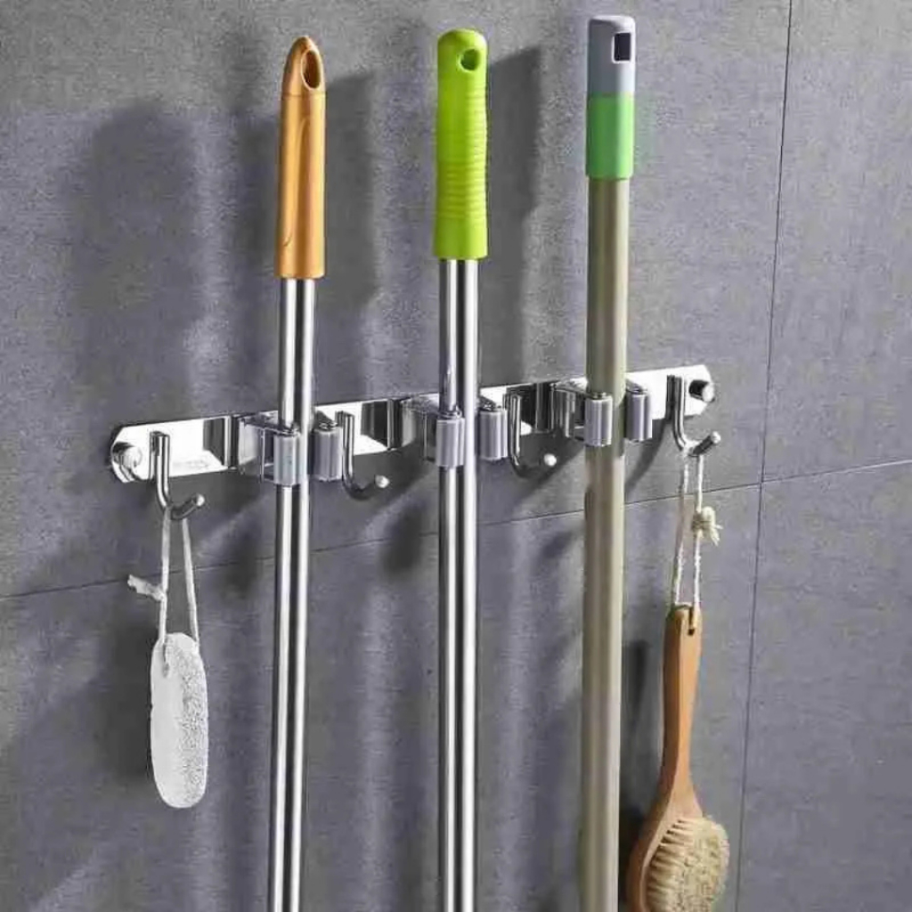 Suporte Inox De Parede 7 ou 9 Ganchos Porta Vassoura Mop Rodo Utensílios de Limpeza em Oferta na Shopee