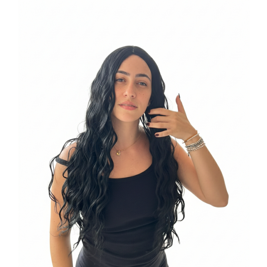 Wig Peruca Longa Wave Cacheada Ondulada Afro Preta Fibra Orgânica Premium Aspecto Natural