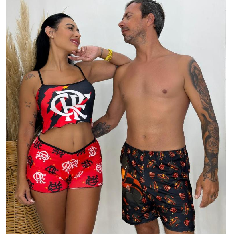 Kit Pijama Time Casal ShortDoll Suede Cropped + Samba Canção Masculino Conforto Estilo Para Dormir em Oferta na Shopee