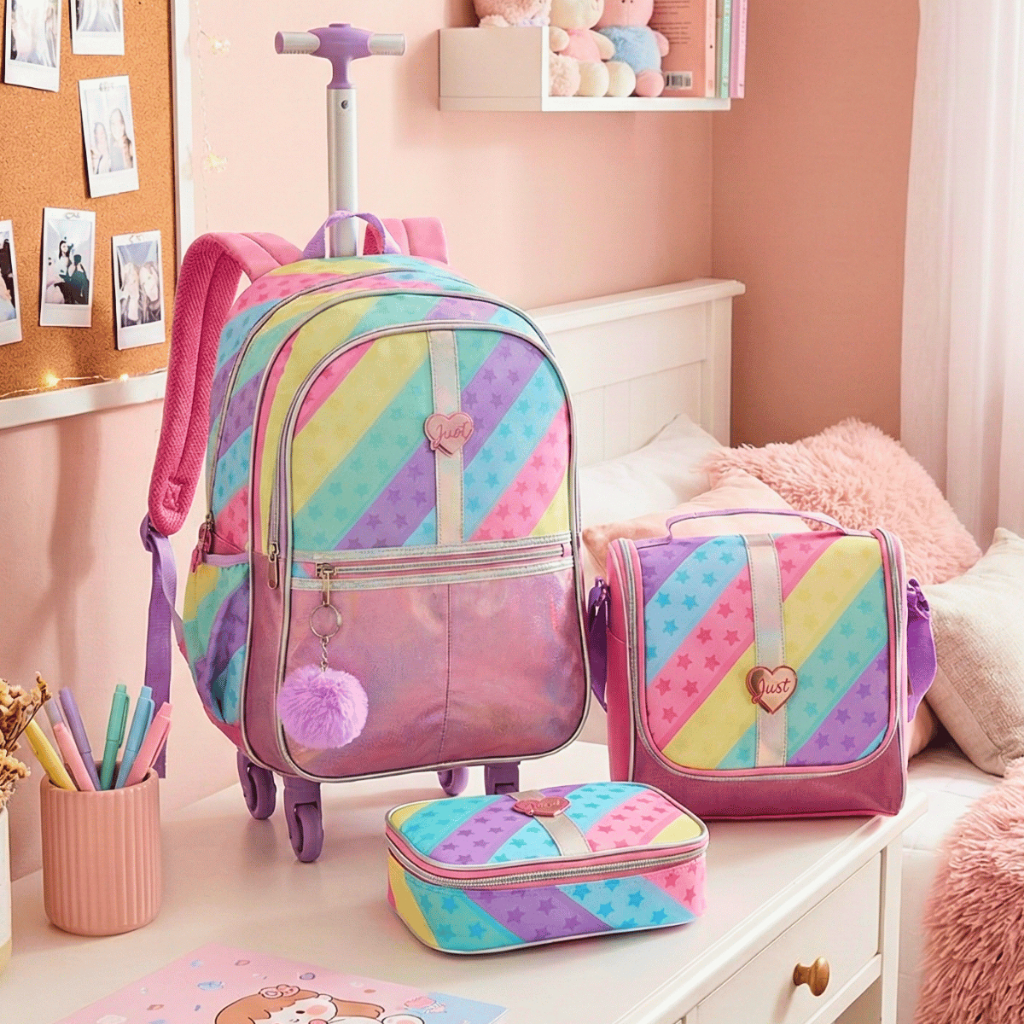 Kit Escolar Mochila Rodinhas 360 Brilhante Juvenil com bolsa térmica e estojo Pré Adolescente Jovem