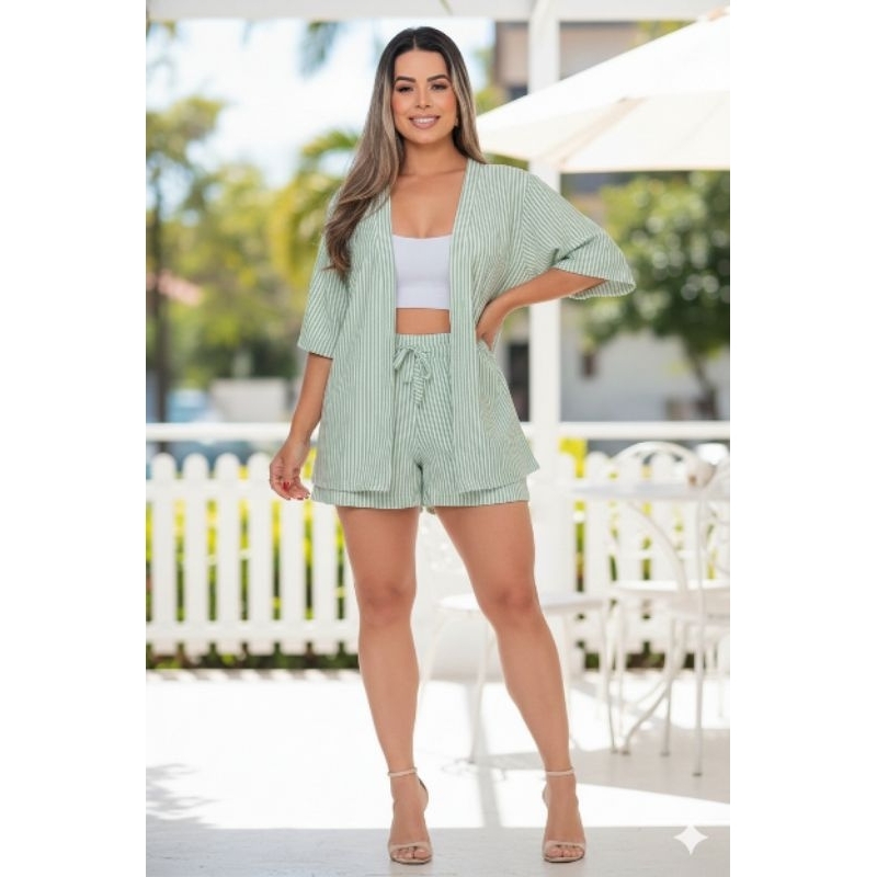 Conjunto Kimono 2 Peças Kimono e Short Listradas Duna Confortável Primavera Verão