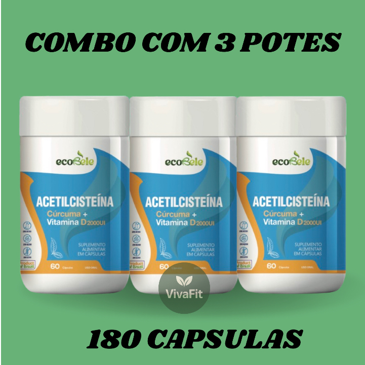 COMBO 3 POTES Acetilcisteina + Curcuma + Vitamina D ECOBELE 60 CAPSULAS - SUPLEMENTO ALIMENTAR