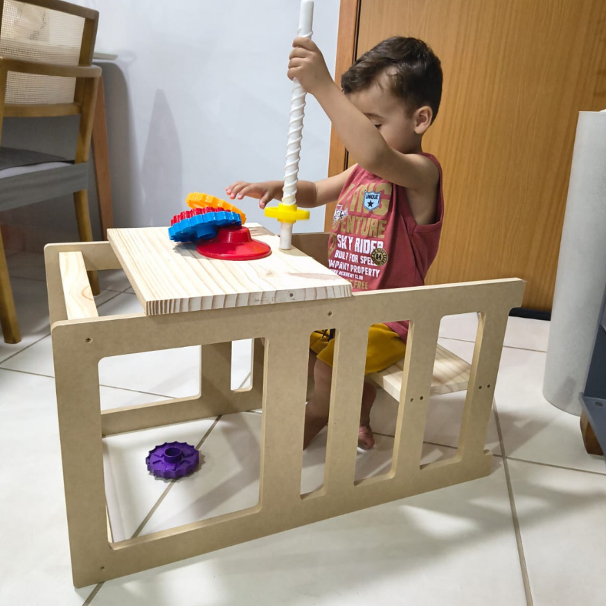 Torre Aprendizagem Montessoriana 4x1 Mesinha Cadeirão MDF Cru + Pinus