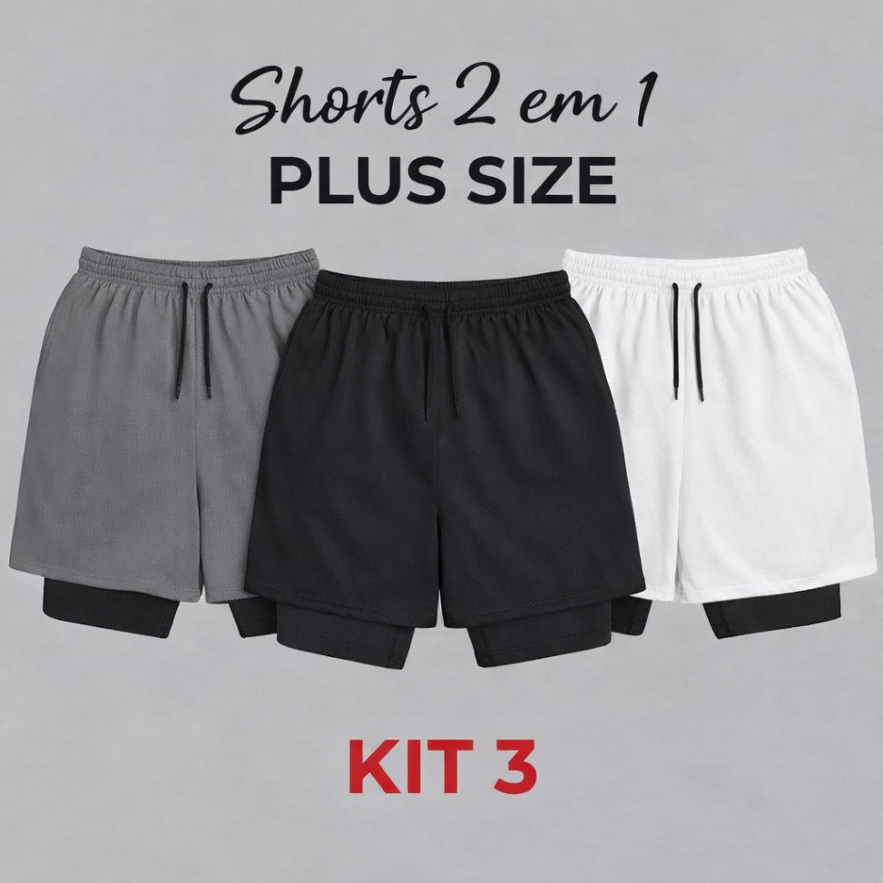 Kit 3 Bermuda 2 EM 1 Plus Size (P Até G3) - Shorts Academia Performance Para Treino Ou Dia A Dia