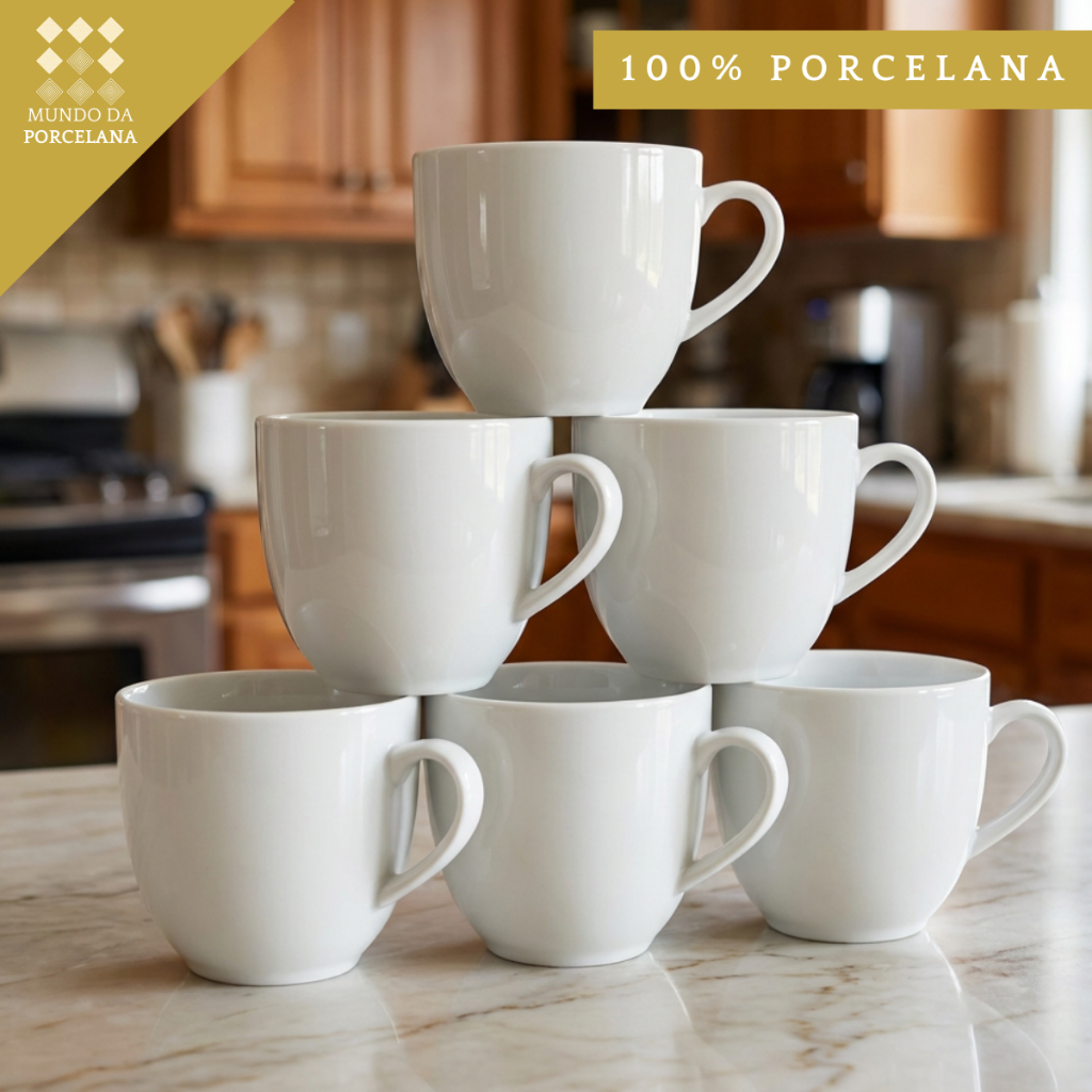 Jogo 6 Xicaras Café Chá Branca 170ml em Porcelana - Mundo da Porcelana