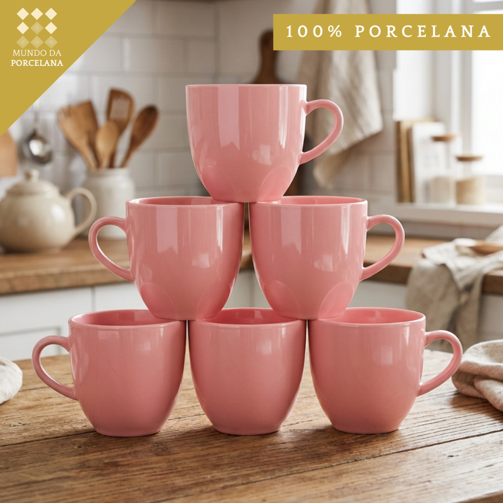 Jogo 6 Xicaras Café Chá Rosa 170ml em Porcelana - Mundo da Porcelana
