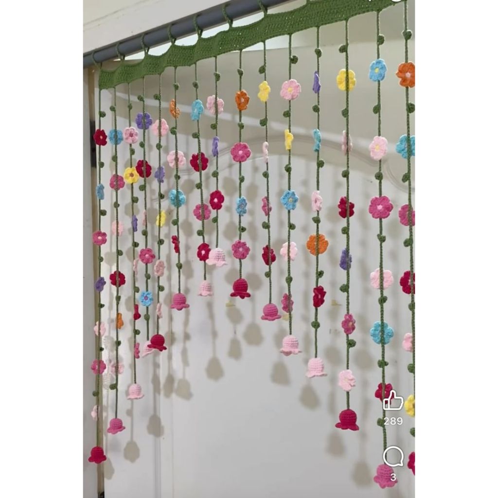 Cortina de crochê com flores em Oferta na Shopee
