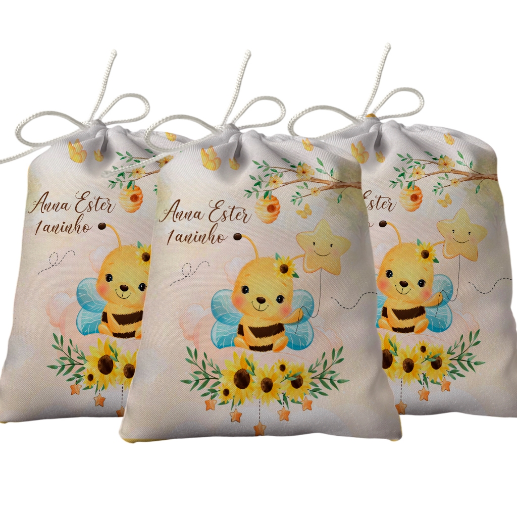 Sacolinha Lembrancinha Festa Aniversário Surpresa Tecido Personalizado Abelhinha