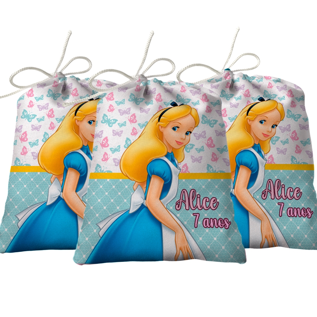 Sacolinha Lembrancinha Festa Aniversário Surpresa Tecido Personalizado Alice no País das Maravilhas