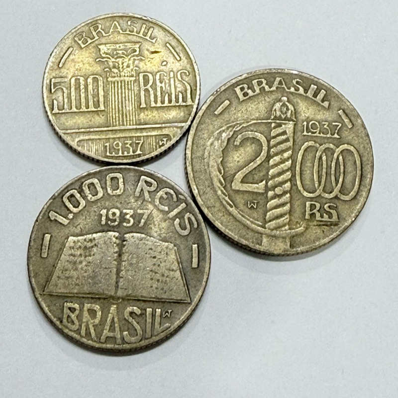 Lote 3 Moedas 500 1000 e 2000 Réis 1937 Ilustres Feijó Anchieta e Caxias Escassas