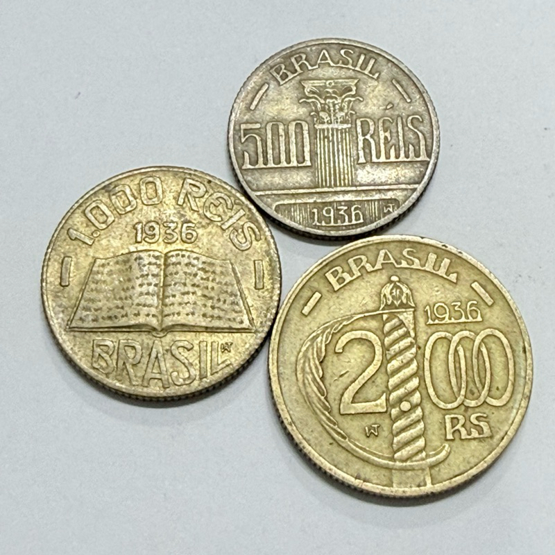 Lote 3 Moedas 500 1000 e 2000 Réis 1936 Ilustres Regente Feijó, Anchieta e Caxias Data Escassa