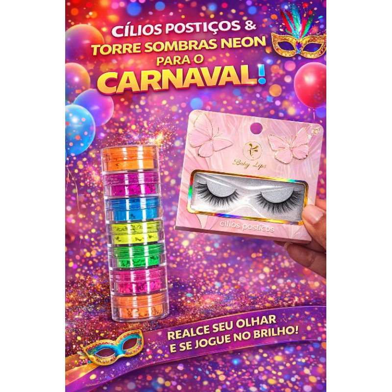 Kit Torre de Sombras Neon + Par de Cílios Postiços Portico – Make Carnaval Colorida e Olhar Marcante