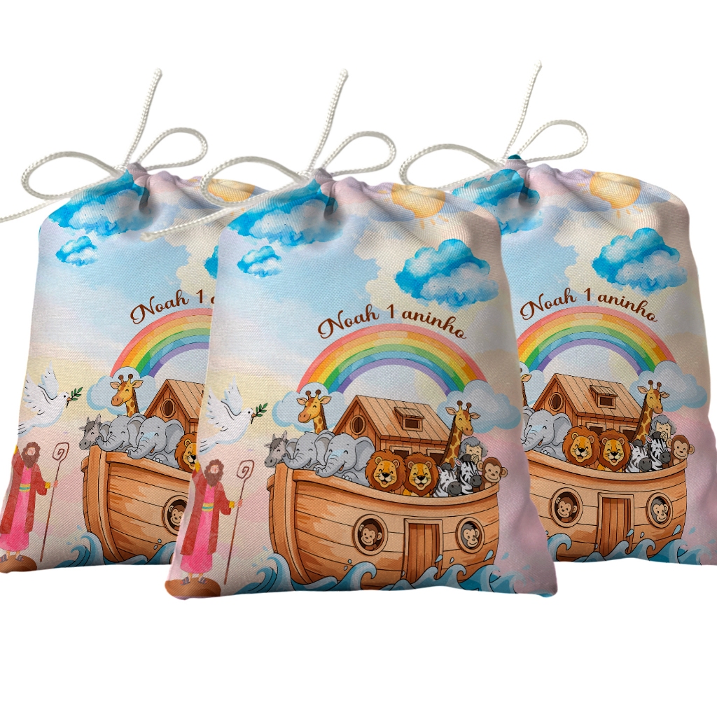 Sacolinha Lembrancinha Festa Aniversário Surpresa Tecido Personalizado Arca de Noé Aquarela