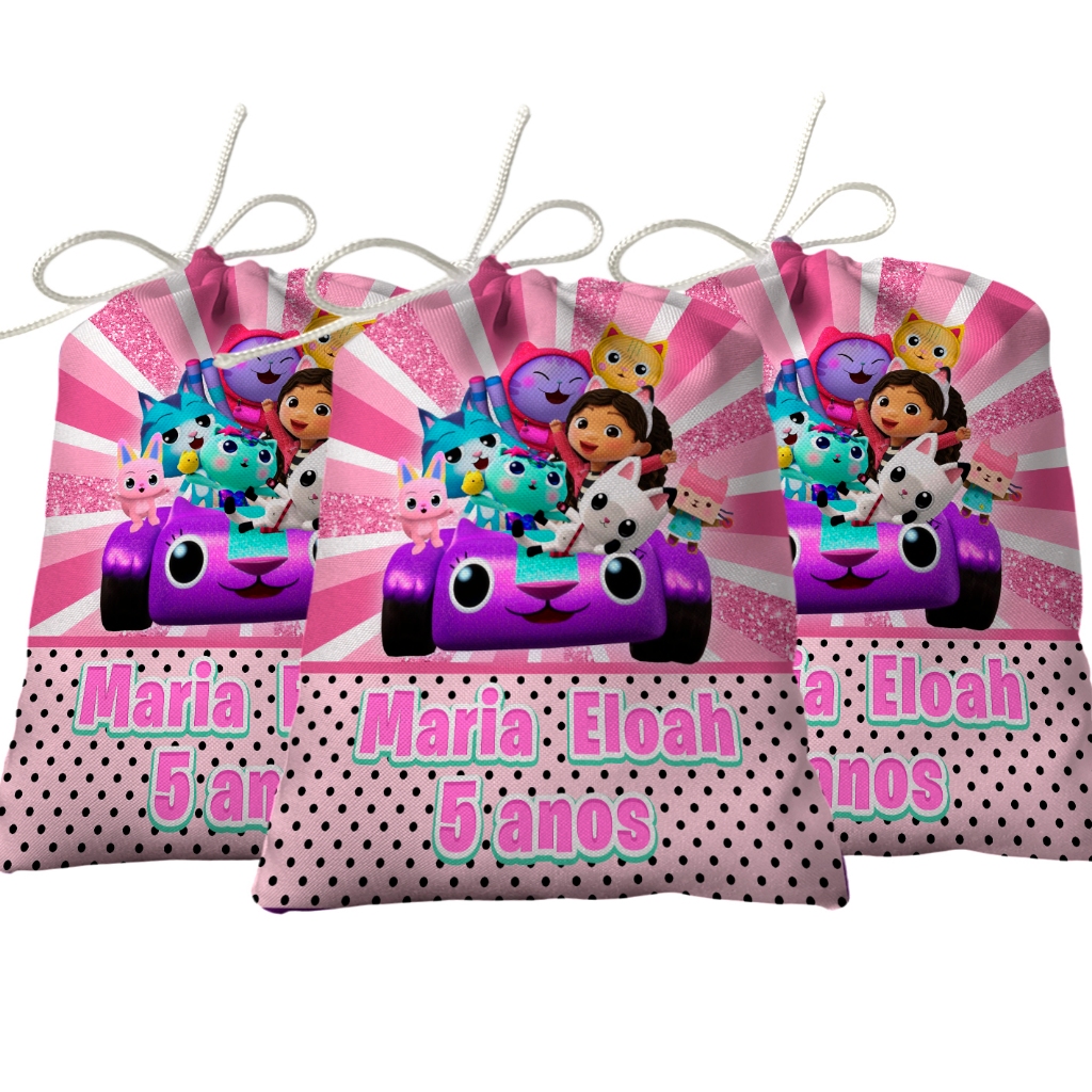 Sacolinha Lembrancinha Festa Aniversário Surpresa Tecido Personalizado A Casa Mágica da Gabby