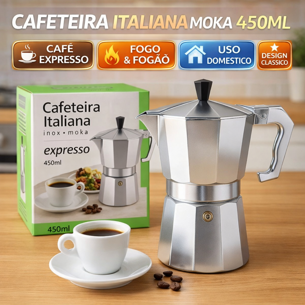Cafeteira Italiana Inox Moka 450ml 9 Xícaras Café Expresso Alumínio Alça Prateado Cafeteira
