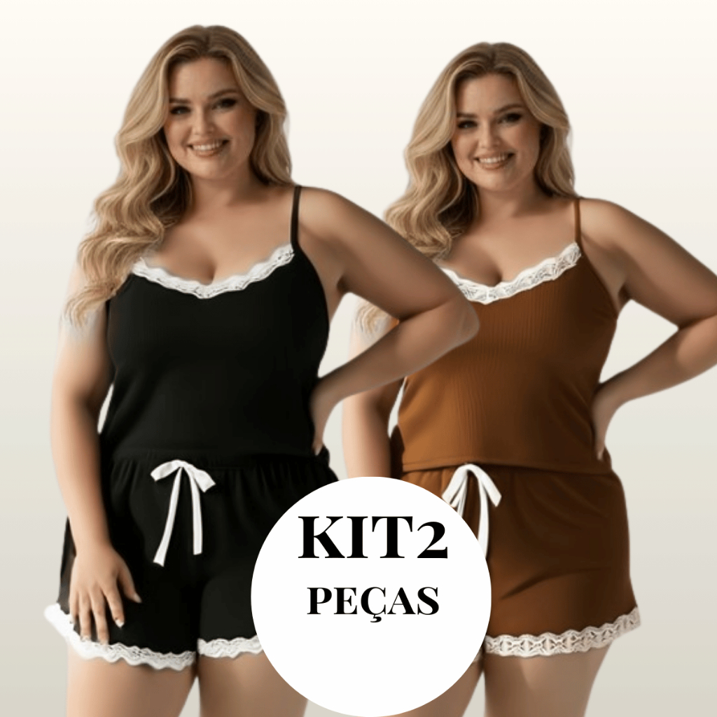 KIT 2 Pijama Feminino Plus Size Suede Sexy com Detalhe de Renda Canelado Premium em Oferta na Shopee