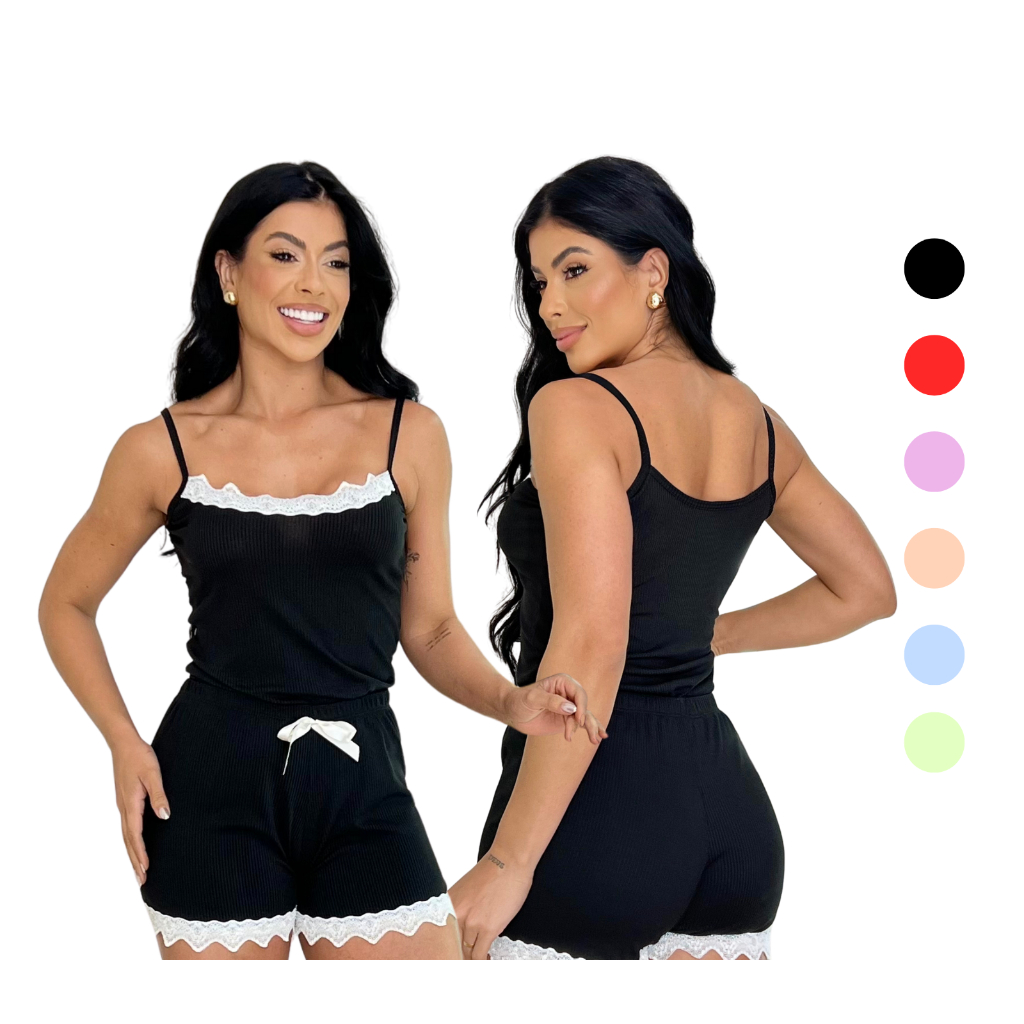 Pijama Preto Baby Doll Feminino Detalhe de Renda Luxo Canelado em Oferta na Shopee