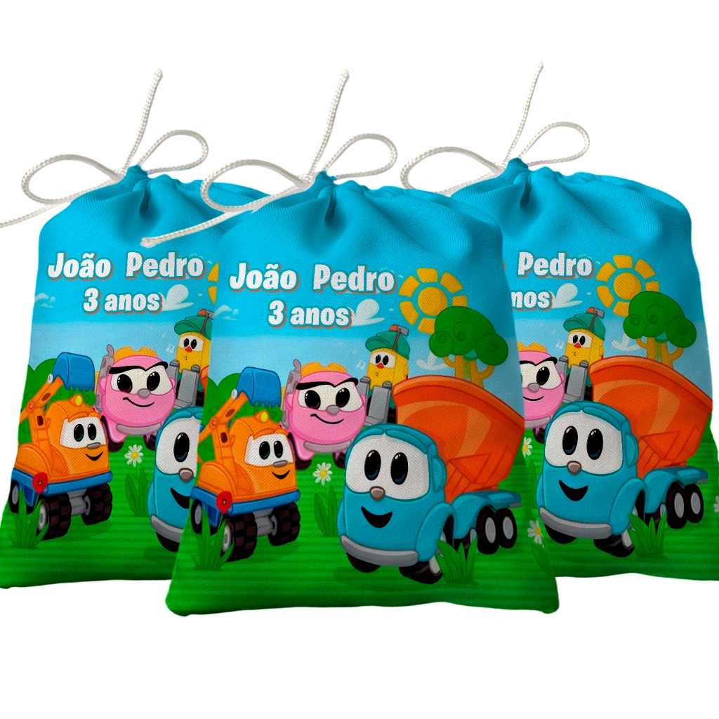 Sacolinha Lembrancinha Festa Aniversário Surpresa Tecido Personalizado Léo Caminhão