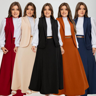 Conjunto 4 Peças Blazer Colete Blusa Feminina Estilosa Saia Longa Com Cinto Plus Size Para Congresso em Oferta na Shopee
