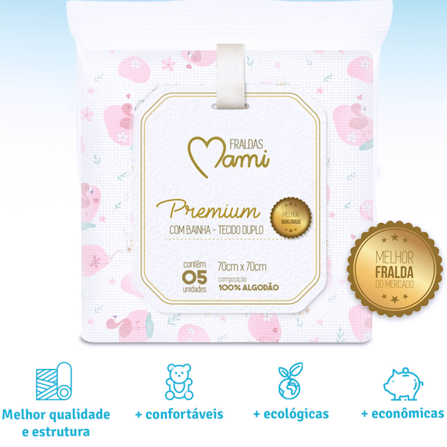 KIT 5 FRALDAS MAMI PREMIUM/LUXO COM BAINHA 70x70cm