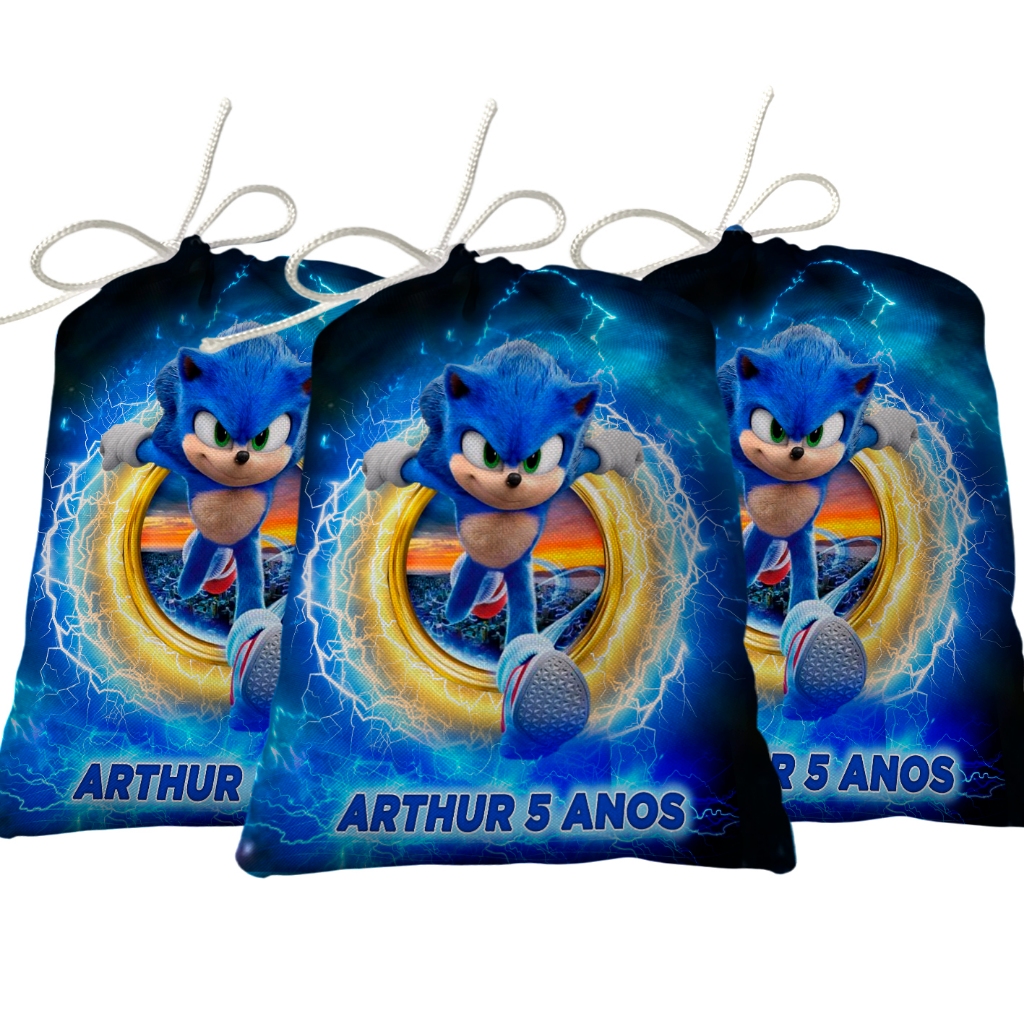 Sacolinha Lembrancinha Festa Aniversário Surpresa Tecido Personalizado Sonic O Filme