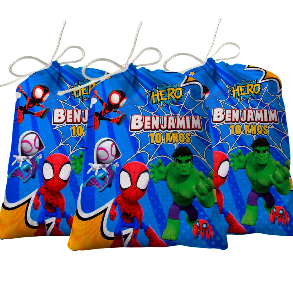 Sacolinha Lembrancinha Festa Aniversário Surpresa Tecido Personalizado Spidey e Seus Amigos Espetaculares