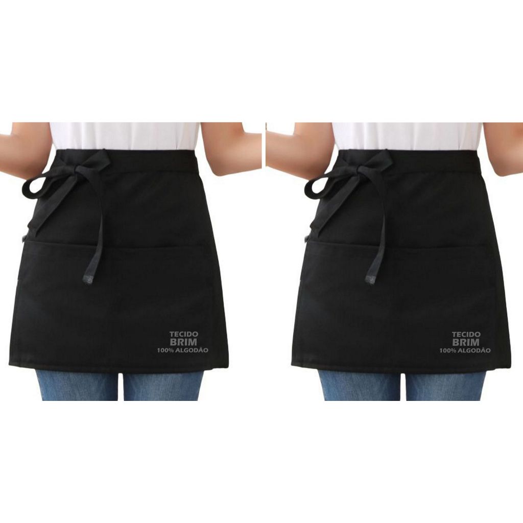 Kit 2 Aventais Cintura Brim Algodão com 2 Bolsos Liso Curto Uniforme Chef Cozinha Restaurante Evento Churrasco Preto