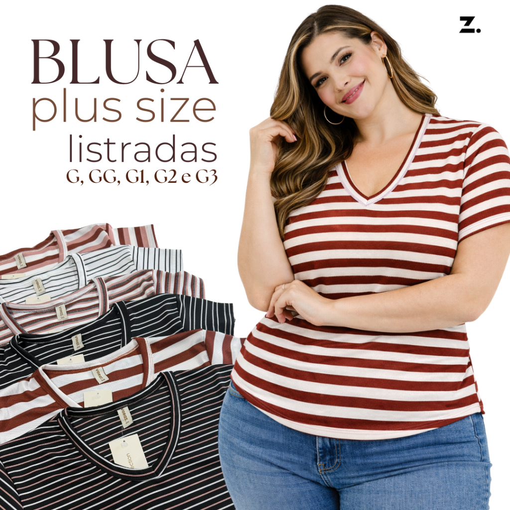 Blusa Slim E Plus Size Listrada Em Decote V Básica Moda Casual Feminina 2305 em Oferta na Shopee