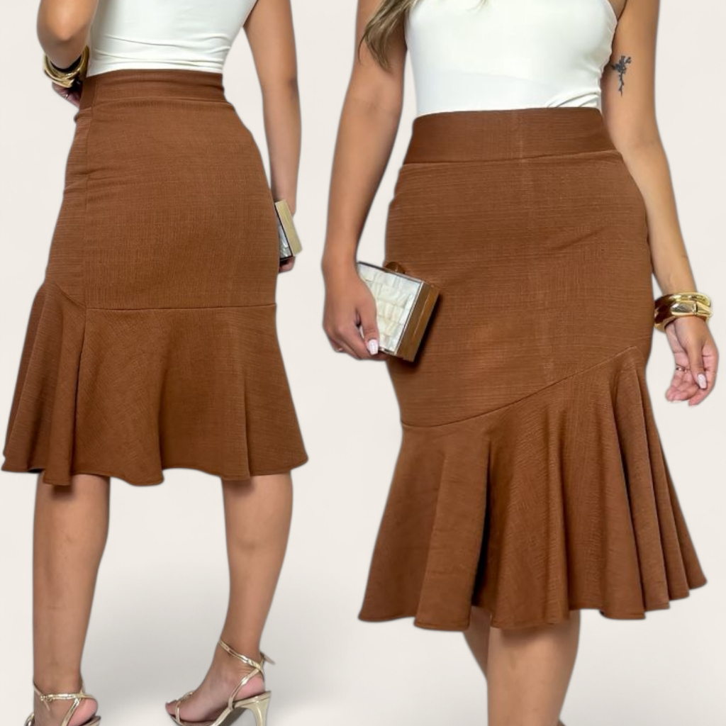 Saia Midi Feminina Babado Comprida Cintura Alta Moda Evangélica em Oferta na Shopee