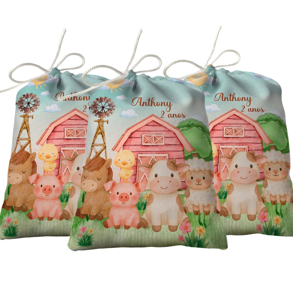 Sacolinha Lembrancinha Festa Aniversário Surpresa Tecido Personalizado Fazendinhas