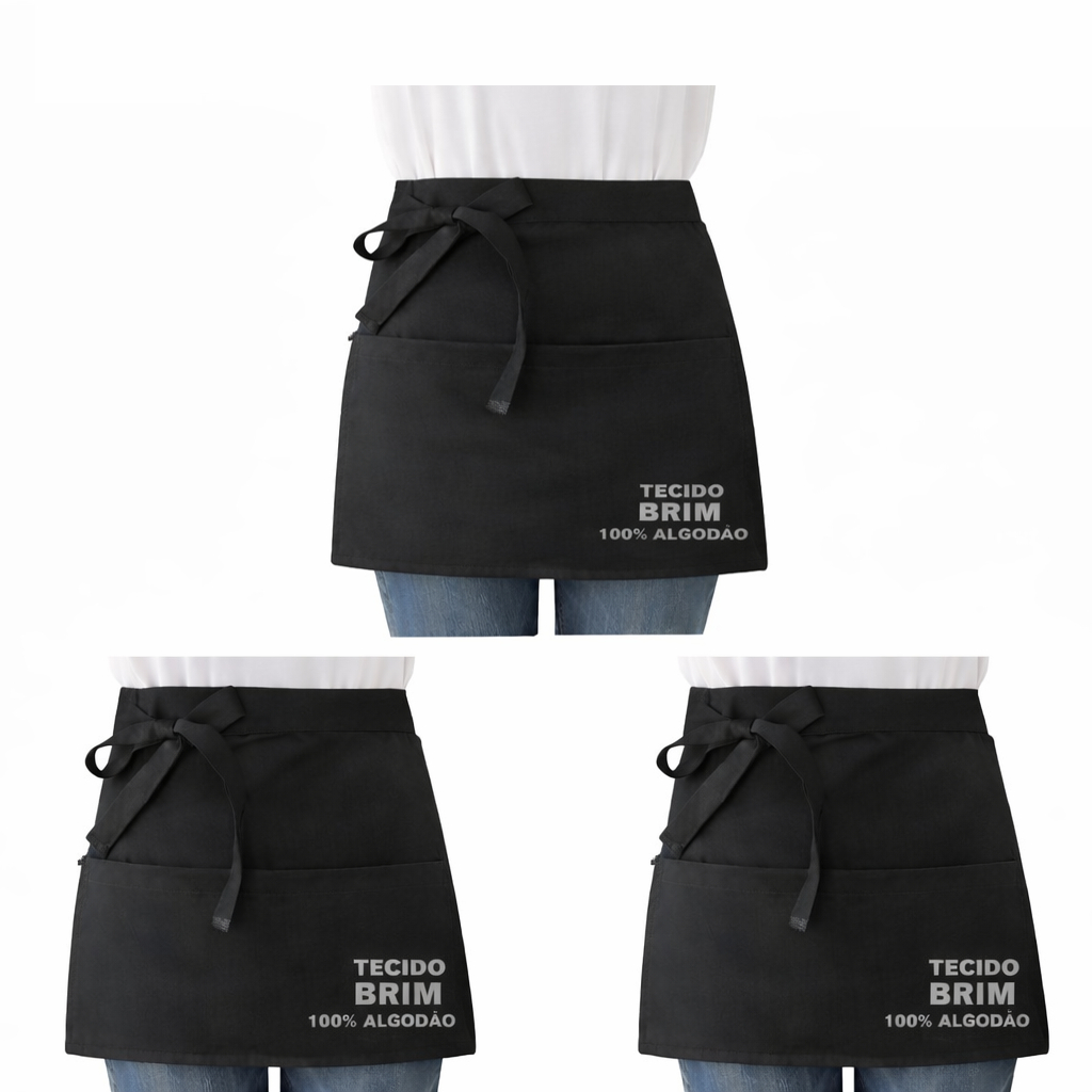 Kit 3 Aventais Cintura Brim Algodão com 2 Bolsos Liso Curto Menor Uniforme Chef Cozinha Restaurante Evento Churrasco
