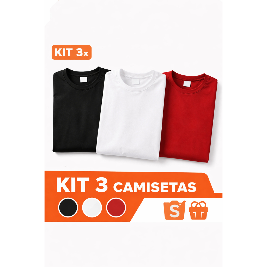 Kit 3 Camisetas Básicas 100% Algodão Moda Masculina Confortável Preto Branco Vermelho