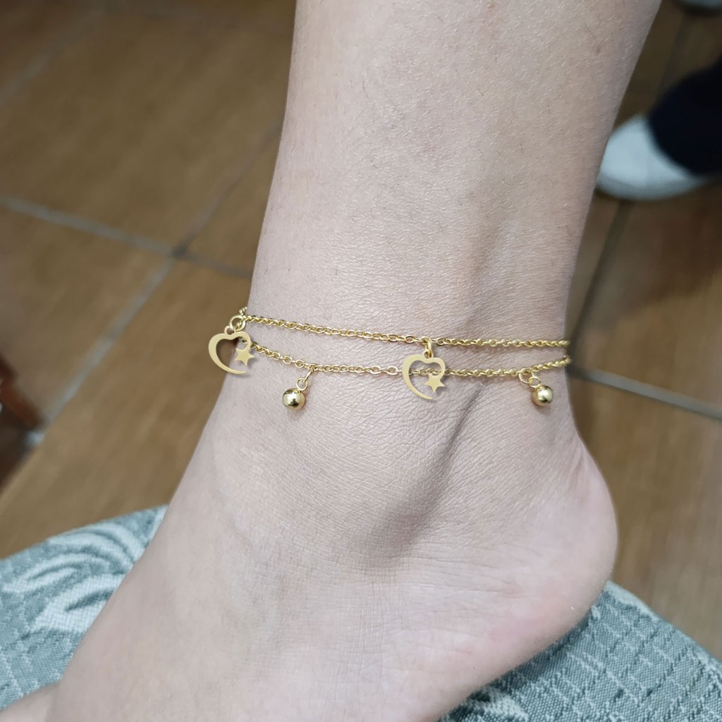 Tornozeleira Lua Estrela Bolinha Ajustável 20 ao 27 CM Aço Dourada Não Escurece Banhado Ouro 18K Luxo