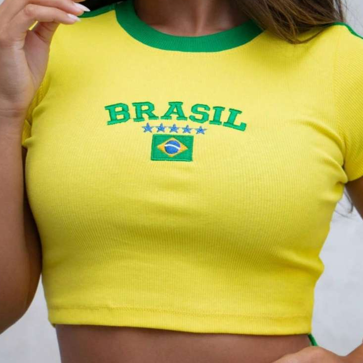 Cropped Manga Ribana Brasil Feminina Baby Look Estrelas Bordada Canelada Copa do Mundo 2026 Rio de Janeiro Praia