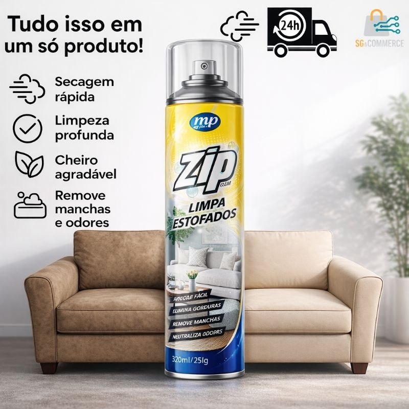 Limpa Estofados Zip Clean 300ml Espuma Mágica a Seco Tira Manchas Sofá Carro Tapete Colchão