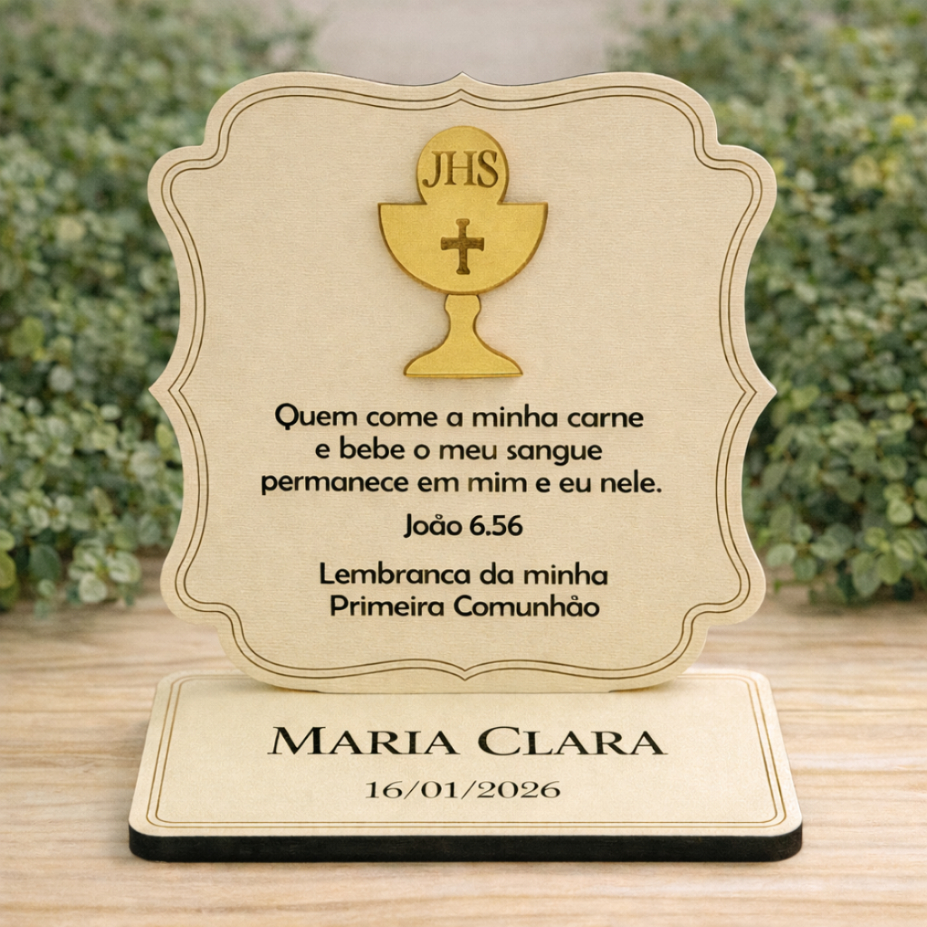 Lembrancinha Primeira Comunhão Eucaristia Personalizada em MDF com Acrílico Espelhado