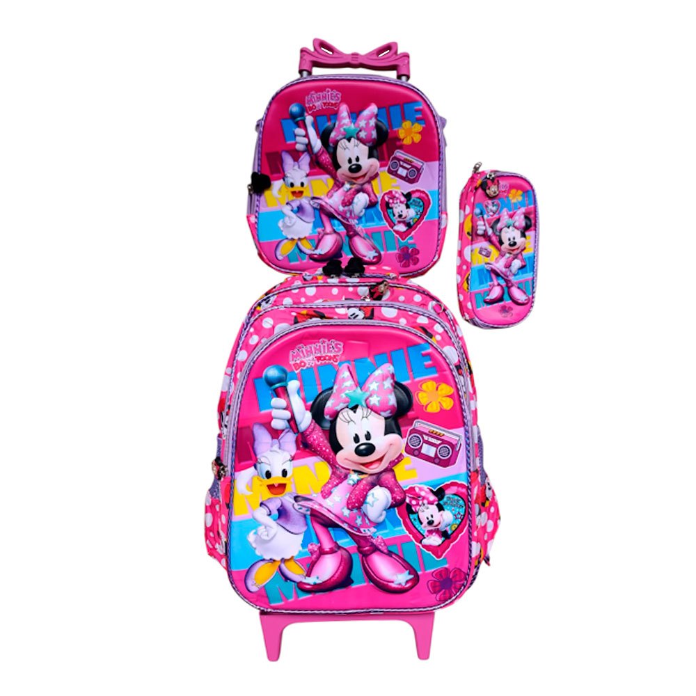 Kit Mochila da Minnie em Alto Relevo 3D com Rodinhas + Lancheira Térmica + Estojo Escolar Infantil em Oferta na Shopee