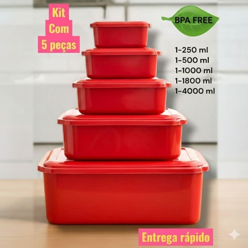 Imagem Pote Retangular Hermético de Plástico kit com 5 vasilhas,bacias Empilhável,micro-ondas,freezer,bpa livre