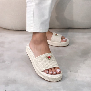 Papete FlatForm Chinelo Slide Elegante com aplique dourado Verão Primavera Confortável
