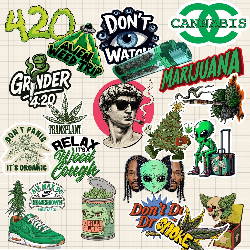 Kit 20 Adesivos Marijuana Cannabis Erva Vinil À Prova da D'água para celular notebook garrafa caderno em Oferta na Shopee