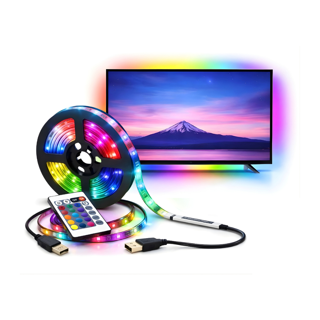Fita Led RGB 2 metros USB Com Controle Remoto Luz Ambiente Para TV Quarto Setup