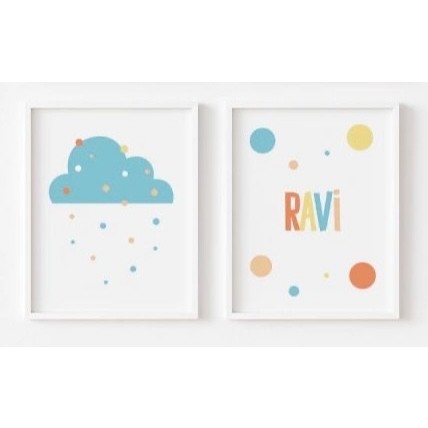 Quadros Decorativos Personalizados (MANDAR NOME NO CHAT) Nome Nuvem Azul Infantil Quarto Bebê (2 peças)