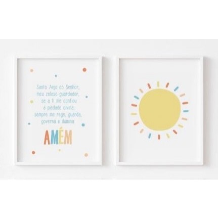 Quadros Decorativos Oração Santo Anjo e Sol Quarto de Bebê Menino MDF (2 peças)