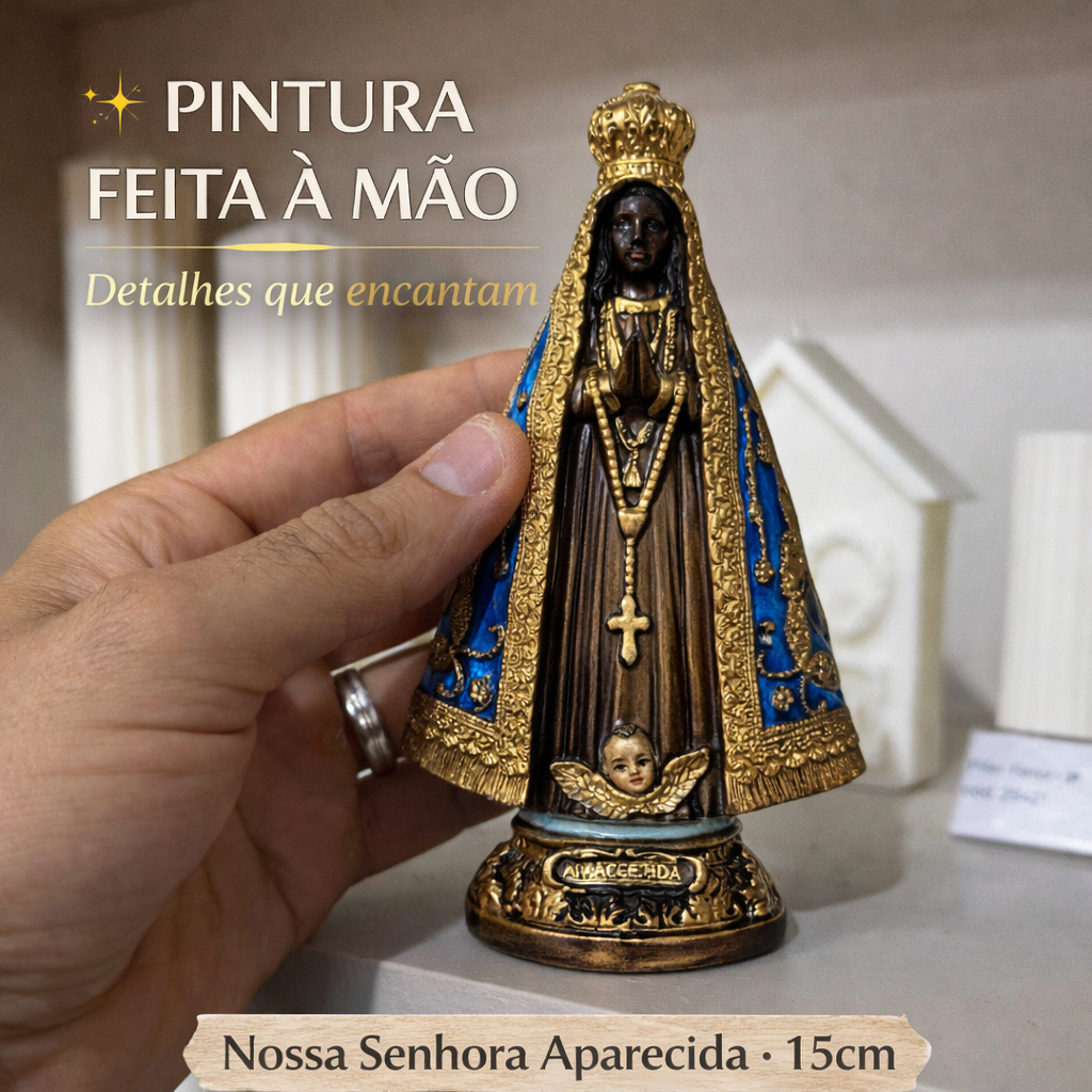 Nossa Senhora Aparecida 15cm Gesso Pintada à Mão | Imagem Católica Decorativa Rica em Detalhes
